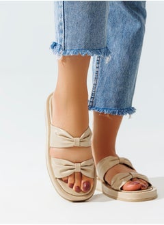 High-quality Leather Slipper With Two Bow-shaped Straps-BEIGE