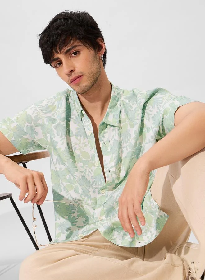 The Souled Store Green Leaf Print Short Sleeve Shirt