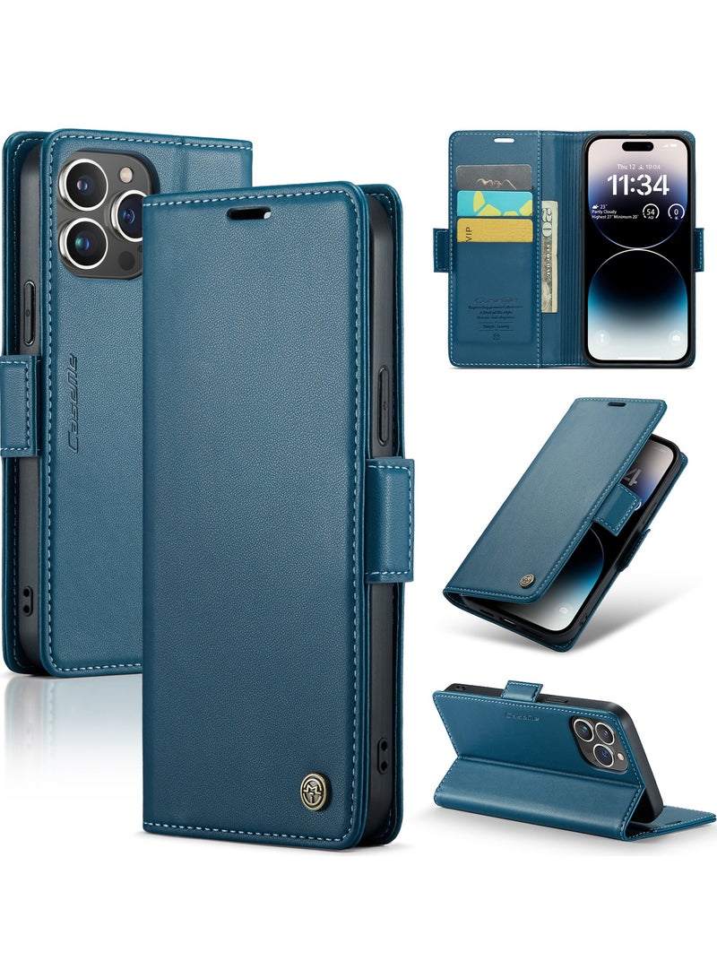 CaseMe Flip Wallet Case for iPhone 14 Pro, Leather Magnetic Attachment Flip Case Blue - Image 1