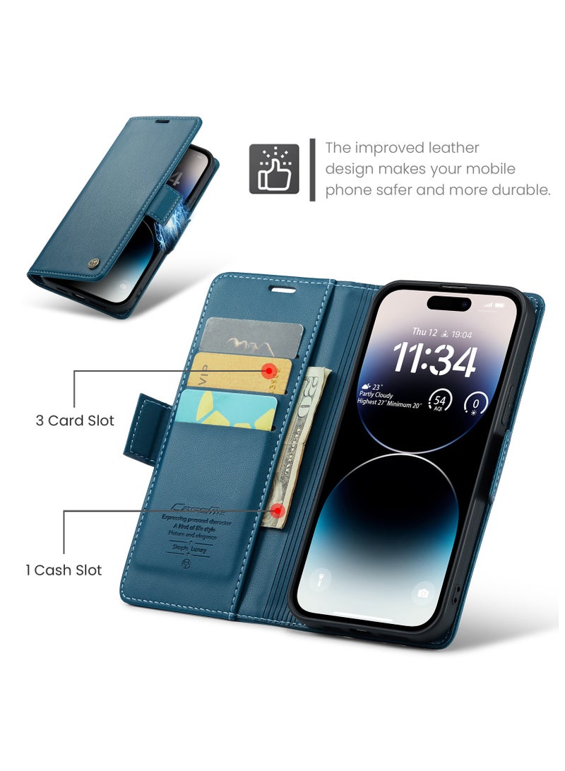 CaseMe Flip Wallet Case for iPhone 14 Pro, Leather Magnetic Attachment Flip Case Blue - Image 2