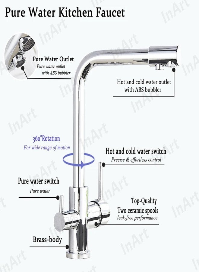 InArt Kitchen Sink Faucet with 360° Swivel Spout, Brass, 3-Way Water Filter, Dual Lever, Deck Mounted (Chrome) - Image 2