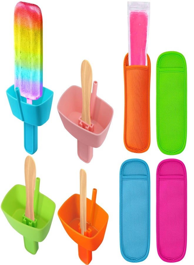 AIERSA 8pcs Popsicle Holders and Ice Pop Sleeves Set for kids No Drip, Silicone Popsicle Holder with Straw and Reusable Neopreneee Freeze Popsicle Sleeves for Toddlers Mess Free, No Freezing Hands - Image 1
