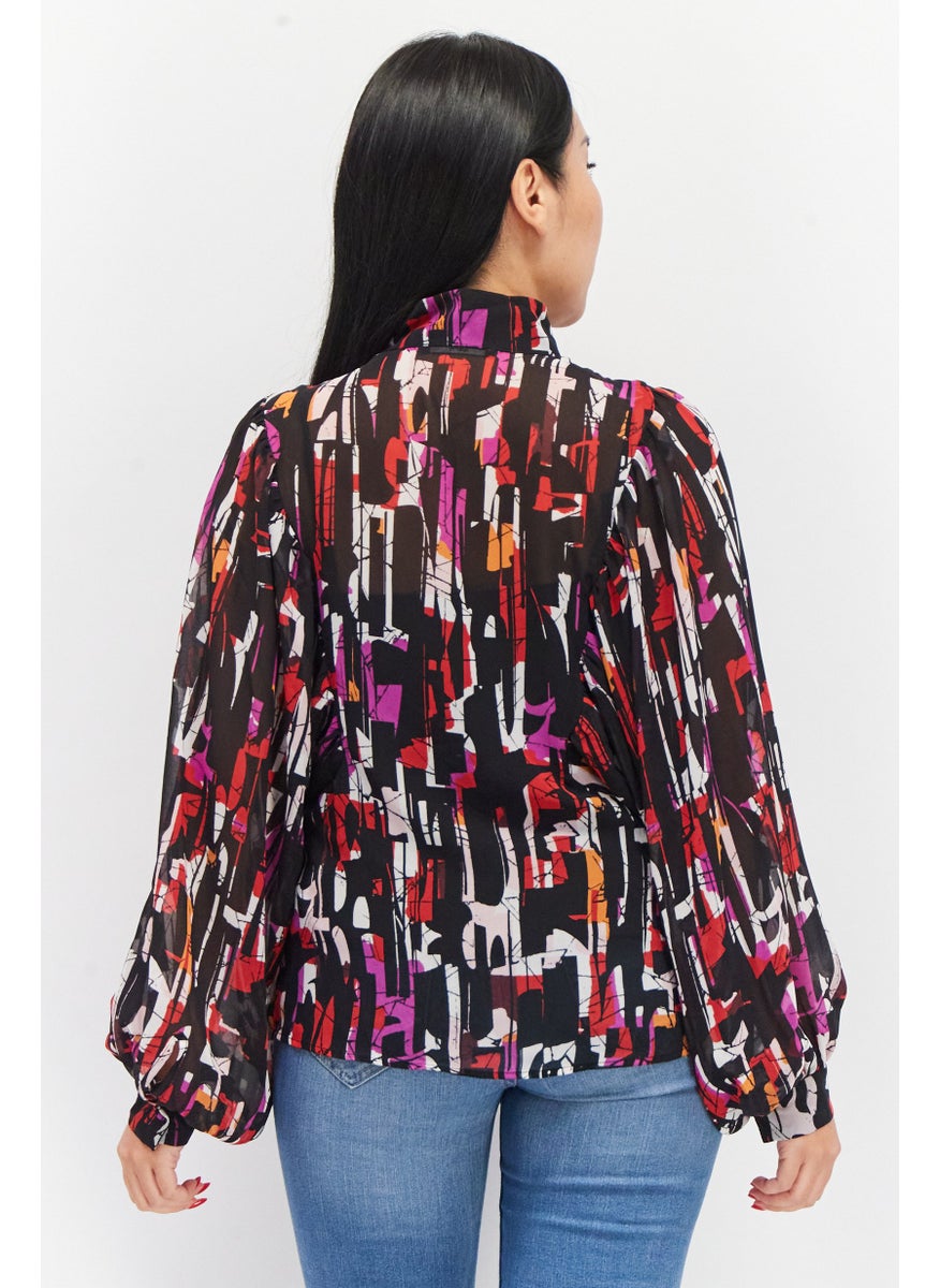 ESPRIT Women Mock Neck Balloon Sleeves  Abstract Printed Blouse, Black Combo  - Image 4