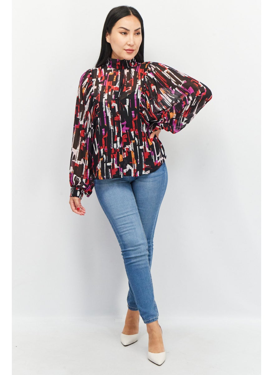 ESPRIT Women Mock Neck Balloon Sleeves  Abstract Printed Blouse, Black Combo  - Image 2