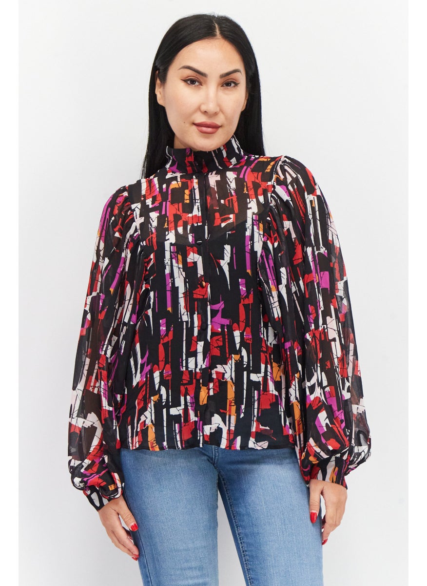 ESPRIT Women Mock Neck Balloon Sleeves  Abstract Printed Blouse, Black Combo  - Image 1
