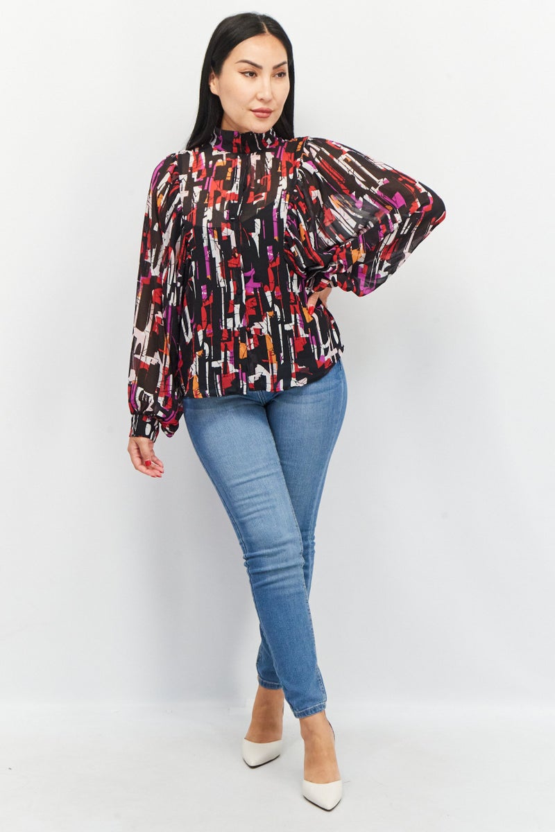 ESPRIT بلوزة نسائية بأكمام بالون و ياقة مرتفعة، مطبوعة بتصميم تجريدي، مجموعة سوداء - Image 2