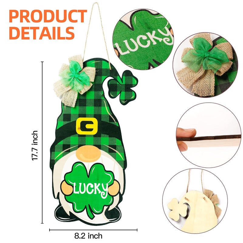 Sggvecsy 17.7’’ St Patrick's Day Wooden Sign Buffalo Plaid Irish Gnome Hanging Door Decor with Burlap Bow Shamrock Lucky Clover Hanging Rustic Wood Sign for Home Front Door Wall Window Porch Decor - Image 5