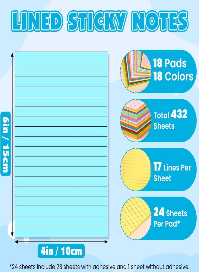 NUITPY 18 Pads Lined Sticky Notes, 18 Colors 4in x 6in Self Stick Note Pads, Strong Adhesive Sticky Note with Lines, Large Sticky Notes for School, Home, Office, 24 Sheets/Pad - Image 2