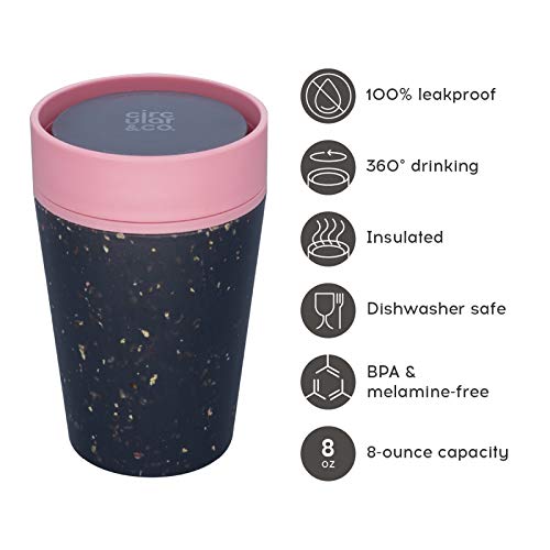 Circular and Co Leakproof Reusable Coffee Cup 8oz/227ml - The World's First Travel Mug Made from Recycled Coffee Cups, Sustainable & Insulated. (Black & Giggle Pink) - Image 2