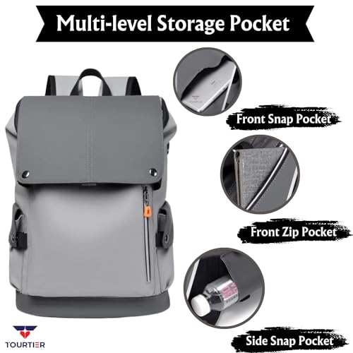 TOURTIER Outdoor Travel Men's Business Multifunctional Backpack with Side Pocket, Laptop Backpack with USB Charging Port for 15.6" Laptop, Camera, Business, Work, Students (GREY) - Image 4