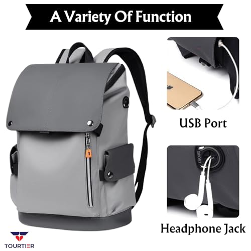 TOURTIER Outdoor Travel Men's Business Multifunctional Backpack with Side Pocket, Laptop Backpack with USB Charging Port for 15.6" Laptop, Camera, Business, Work, Students (GREY) - Image 3