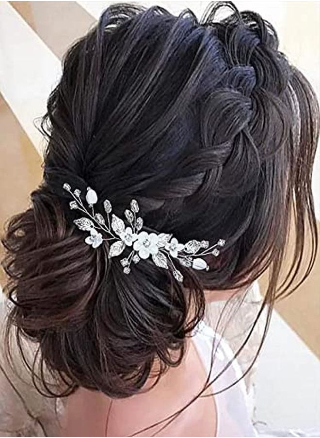 Unicra Bride Silver Wedding Hair Comb Flower Bridal Side Comb Sparkly Crystal Hair Piece Leaf Hair Accessorie For Women And Girls  - Image 1