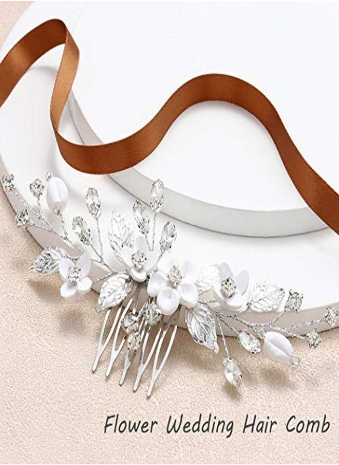 Unicra Bride Silver Wedding Hair Comb Flower Bridal Side Comb Sparkly Crystal Hair Piece Leaf Hair Accessorie For Women And Girls  - Image 3