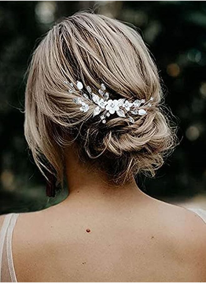 Unicra Bride Silver Wedding Hair Comb Flower Bridal Side Comb Sparkly Crystal Hair Piece Leaf Hair Accessorie For Women And Girls  - Image 4