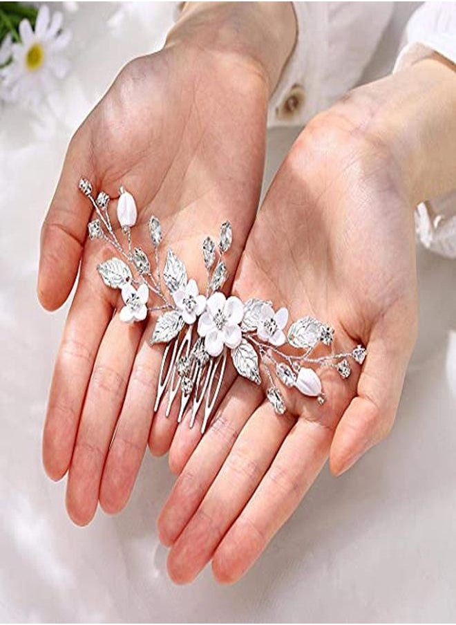 Unicra Bride Silver Wedding Hair Comb Flower Bridal Side Comb Sparkly Crystal Hair Piece Leaf Hair Accessorie For Women And Girls  - Image 2