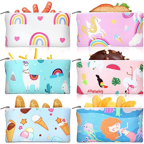 Chumia 6 Pack Reusable Snack Bags for Kids, Washable Sandwich & Food Storage Pouches, Dual-layer Silicone Lined Lunch Bags with Zipper for School & Travel(Cute,6.9 x 3.7 Inches) - Image 1