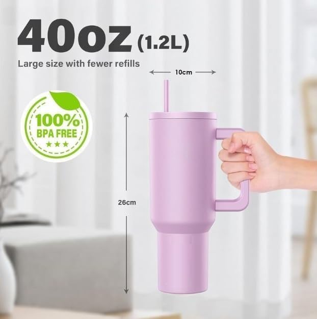 FLYNGO 1.2L Stainless Steel Tumbler with Straw and Leak Proof Lid, Vacuum Insulated Large Sipper Bottle for Gym, Office & Outdoor Use, Travel Mug for Hot & Cold Drinks (Lavender) - Image 3