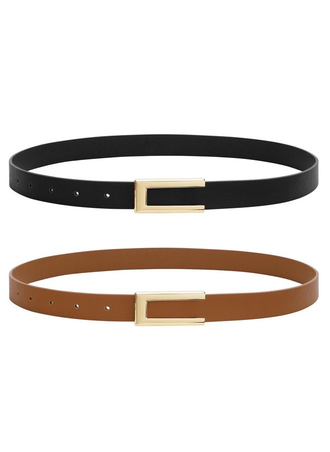 Sansths - SANSTHS 2 Pack Skinny Leather Belts for Women, Ladies Thin Waist Belt for Dresses Jeans Pants with Gold Buckle, Black+Brown, S - Image 1