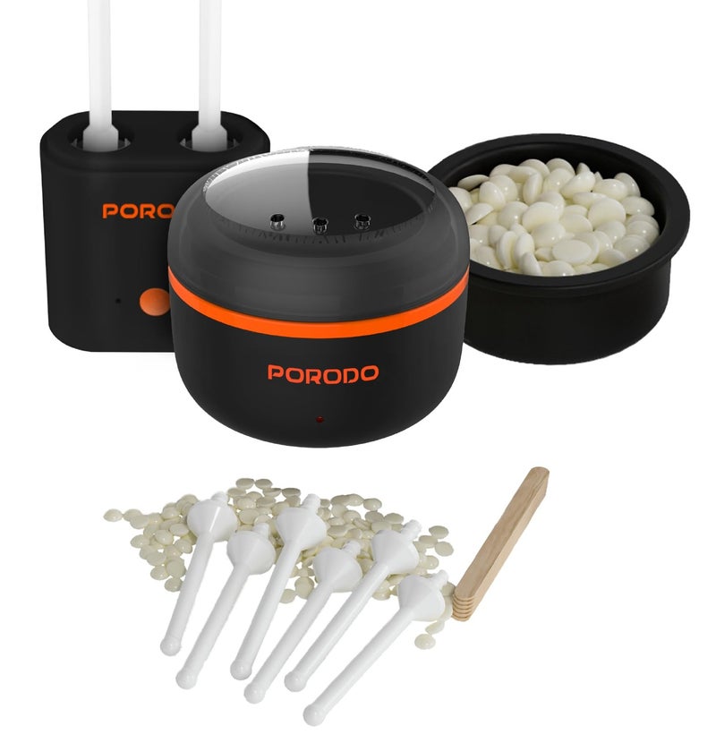 porodo Wax Warming Hair Removal Kit for Eyebrow Nose Mustache Ears, Double Pot Nostril Wax Heater, Mini Wax Warmer, 13min Quick Wax Melt, Automatic Heating - Black - Image 1