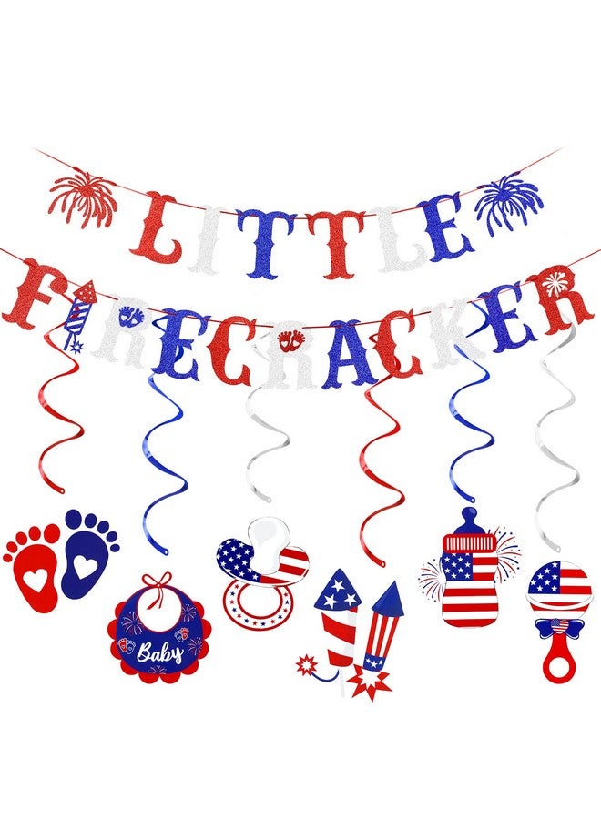 LeeSky Red White and Blue Glitter Little Firecracker Banner, Little Firecracker First Birthday Banner 4th of July 1st Birthday Banner for Little Firecracker 4th of July Birthday Party Decorations - Image 1
