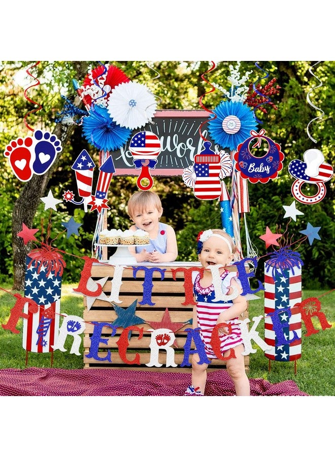 LeeSky Red White and Blue Glitter Little Firecracker Banner, Little Firecracker First Birthday Banner 4th of July 1st Birthday Banner for Little Firecracker 4th of July Birthday Party Decorations - Image 2