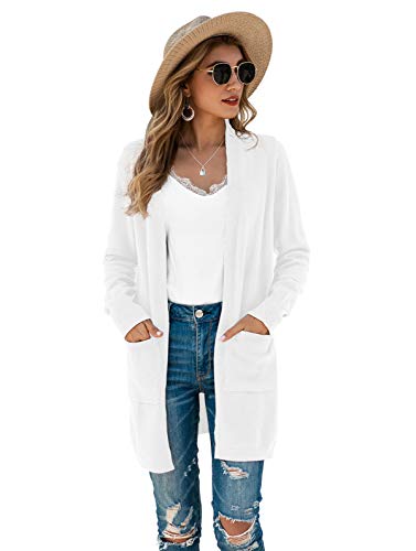 TASAMO Women's Long Sleeve Pocket Solid Color Knit Ribbed Neckline Cardigans (Small,White) - Image 5