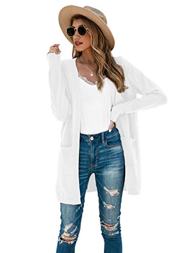 TASAMO Women's Long Sleeve Pocket Solid Color Knit Ribbed Neckline Cardigans (Small,White) - Image 3