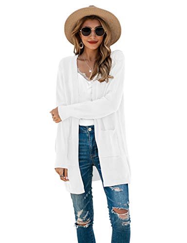 TASAMO Women's Long Sleeve Pocket Solid Color Knit Ribbed Neckline Cardigans (Small,White) - Image 4