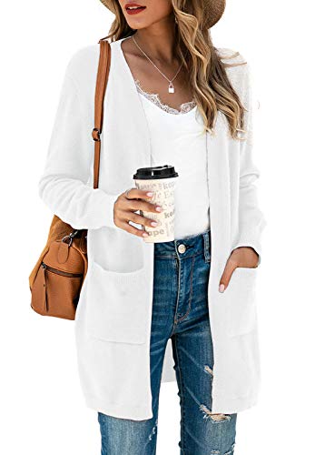 TASAMO Women's Long Sleeve Pocket Solid Color Knit Ribbed Neckline Cardigans (Small,White) - Image 1