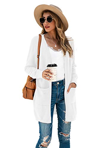 TASAMO Women's Long Sleeve Pocket Solid Color Knit Ribbed Neckline Cardigans (Small,White) - Image 2