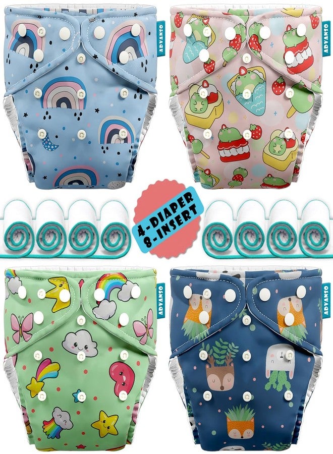 Advanso Leakage Proof cloth diapers for babies, high absorbent 4 reusable diaper 8 insert pad combo pack washable cloth diaper free size 5-18kg adjustable pocket cover P82 - Image 1