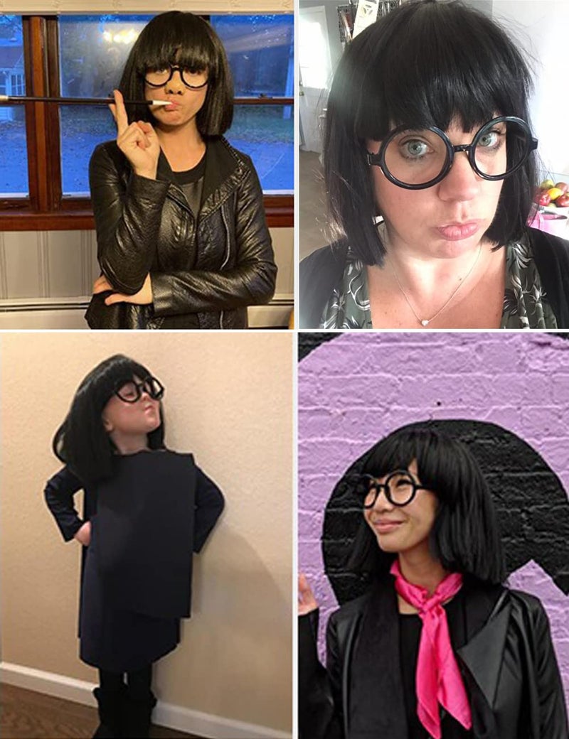 ColorGround Women Adults Fluffy Medium Black Cruly Cut Bangs Wig with Round Glass Frame - Image 2