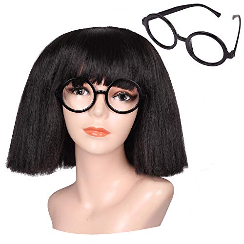 ColorGround Women Adults Fluffy Medium Black Cruly Cut Bangs Wig with Round Glass Frame - Image 1