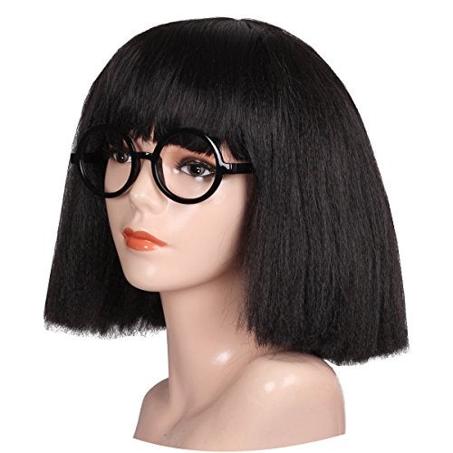ColorGround Women Adults Fluffy Medium Black Cruly Cut Bangs Wig with Round Glass Frame - Image 4