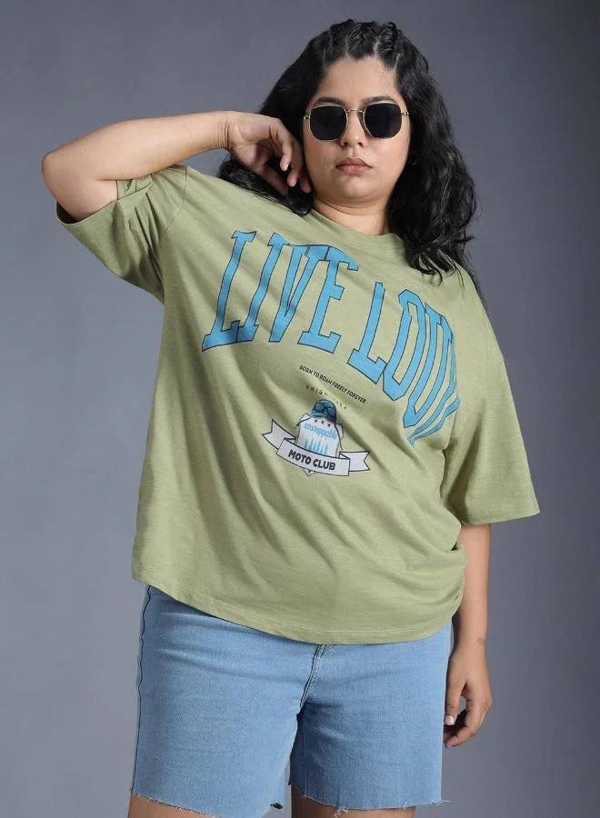 Women's Green 100% Cotton Printed Oversized T-Shirt