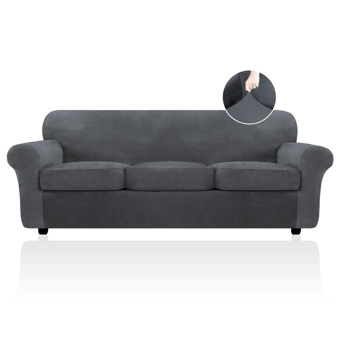 VELVET SOFA COVERS FOR 3 SEAT CUSHION COUCH SOFA SLIPCOVERS STRETCH 4 PIECE COUCH COVER THICK FURNITURE COVERS FOR DOGS PETS OVERSIZED SOFA GREY