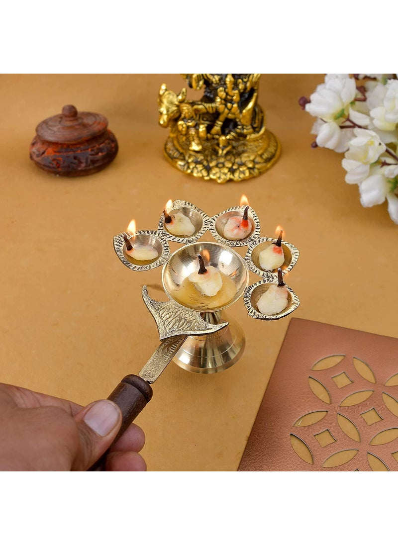 A & S VENTURES AS Ventures Wooden Handle PanchAarti Brass Diya Oil Lamp Jyoti Puja Panch Arti Diya for Diwali Pooja Diya for Puja and Festival Decoration Diwali Decoration Items for Home  - Image 2