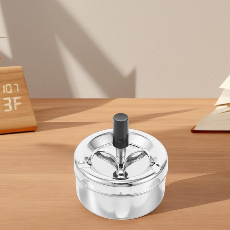 Silver Smokeless Metal Push Down Ashtray with Spinning Lid Windproof Indoor Outdoor Use - Image 5