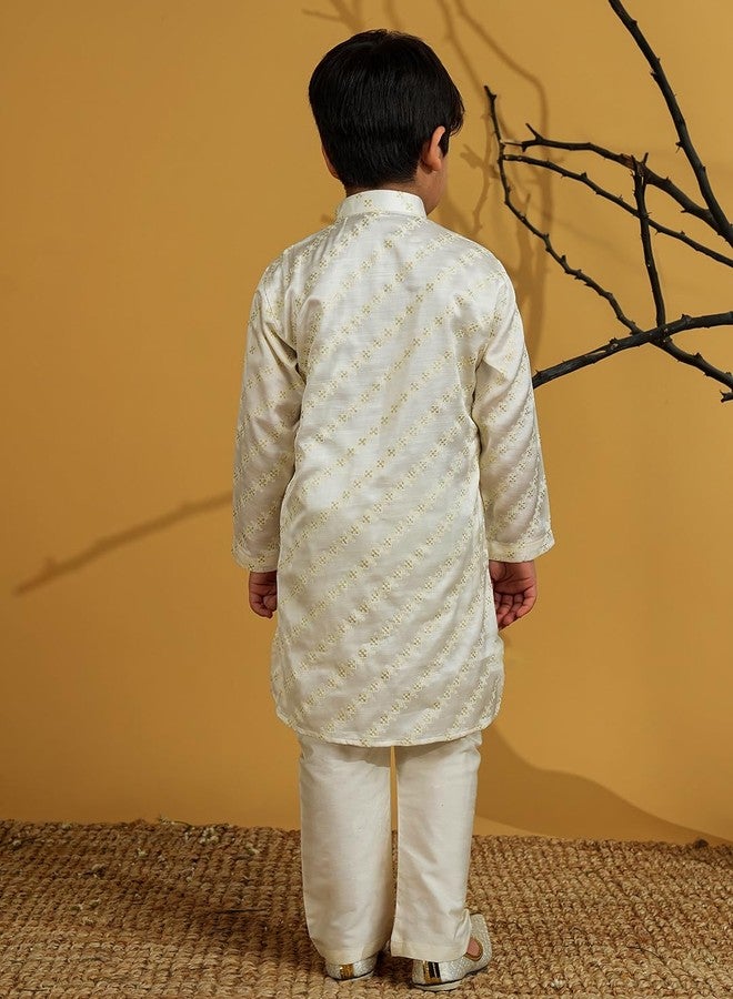 AJ DEZINES Kids Silk Blend Full Sleeve Embroidery White Kurta Pajama Set for Boys - Ethnic wear|Special Occasion & Festive Outfit|Mandarin Collar Kurta Pyjama for Boys - Regular Fit (1273-WHITE-5) - Image 3