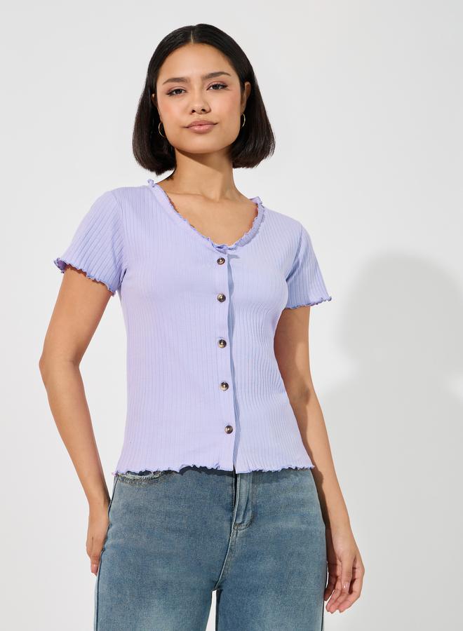 ستايلي بلوزة محبوك بتفاصيل مضلعة مع أزرار - Image 1