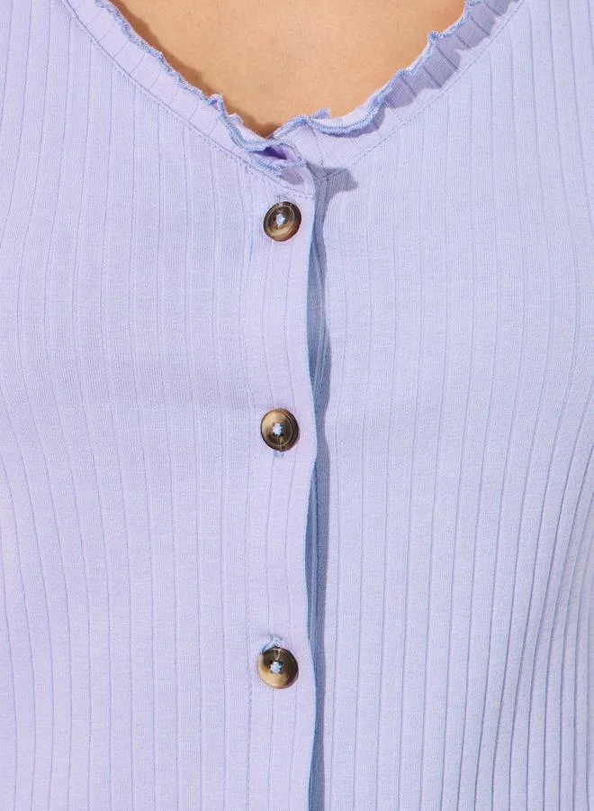 Styli Lettuce Edge Rib Knit Top with Button Detail