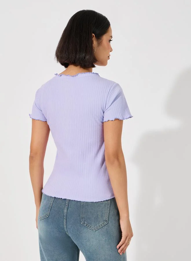 Styli Lettuce Edge Rib Knit Top with Button Detail