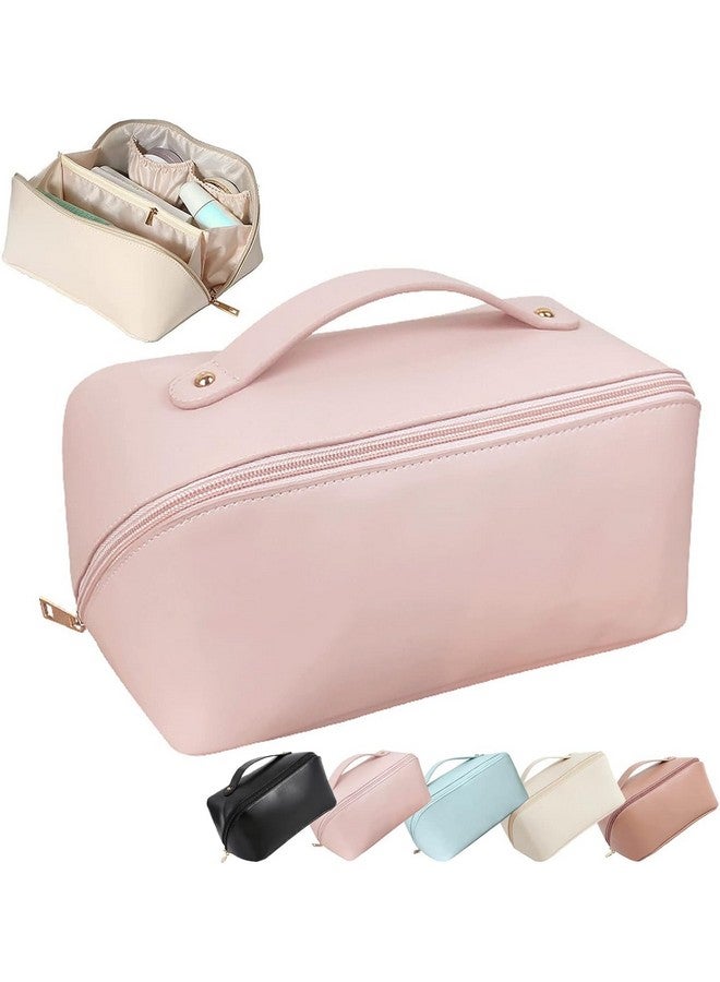 Stodern Multifunctional Travel Makeup Bag - Large Capacity Cosmetic Organizer with Handle, Divider, Waterproof Leather Toiletry Bag for Women, Easy Access & Storage (Pink) - Image 1