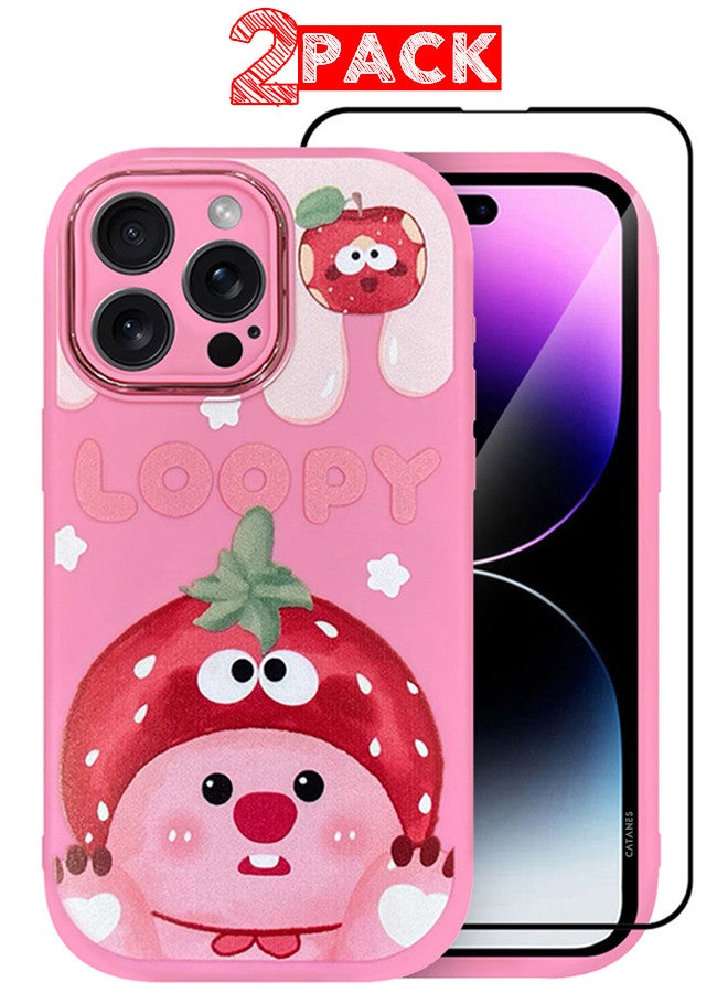 CATANES 2 Pack for iPhone 14 Pro Max Case Cover and Screen Protector Cartoon Case Unique Design for Women Girls with Camera Lens Protection P06 - Image 1