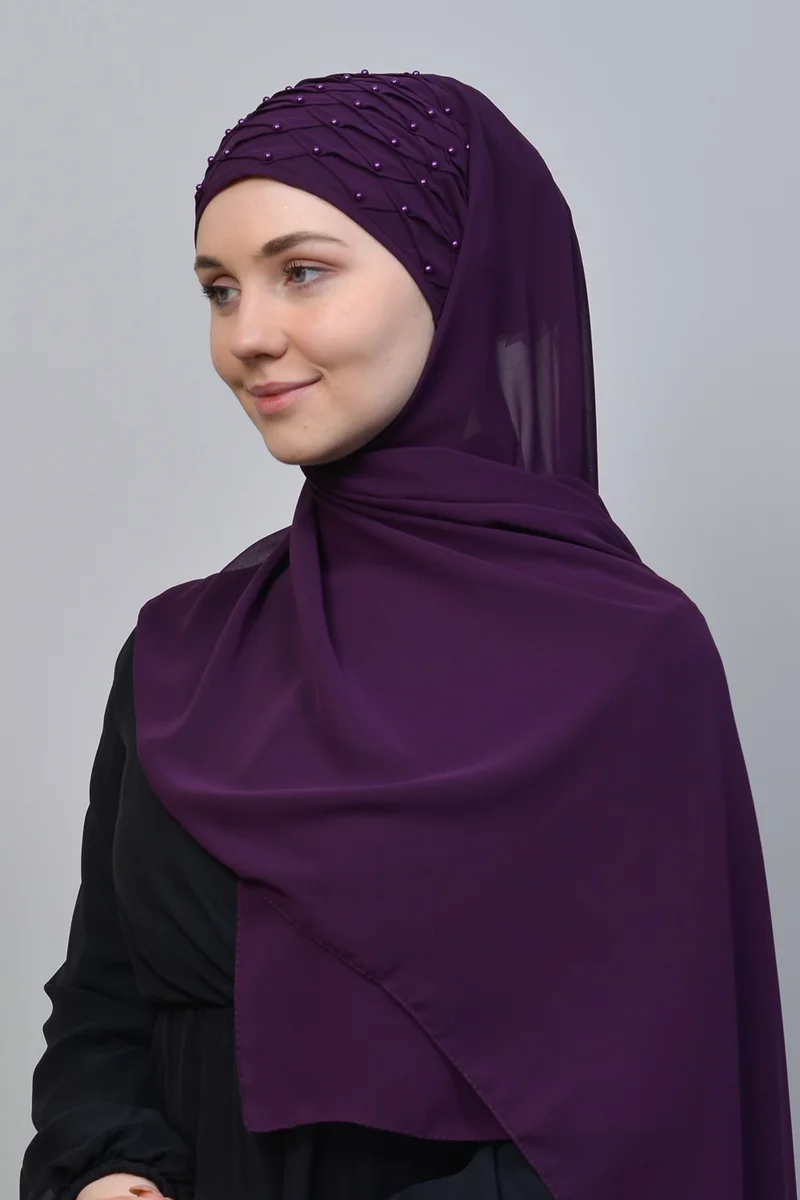 Altobeh Ribbed Beaded Pleated Practical Chiffon Hijab Shawl - Plum