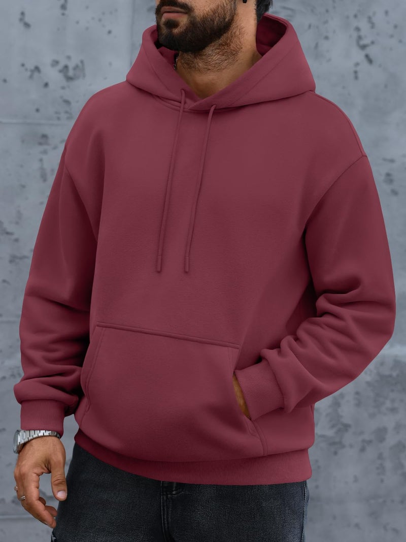 EFAN Mens Oversized Hoodies Fall Sweatshirt Winter Fleece Hooded Collar Drawstring Pullover With Pockets Wine L - Image 3