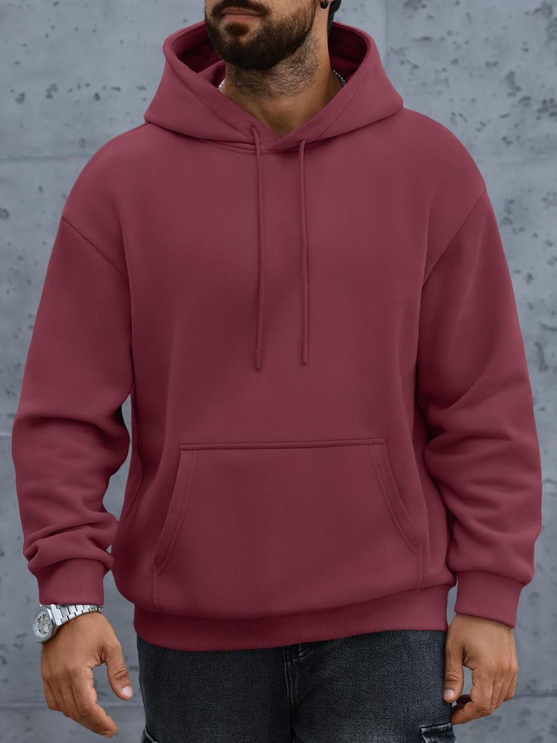 EFAN Mens Oversized Hoodies Fall Sweatshirt Winter Fleece Hooded Collar Drawstring Pullover With Pockets Wine L - Image 2