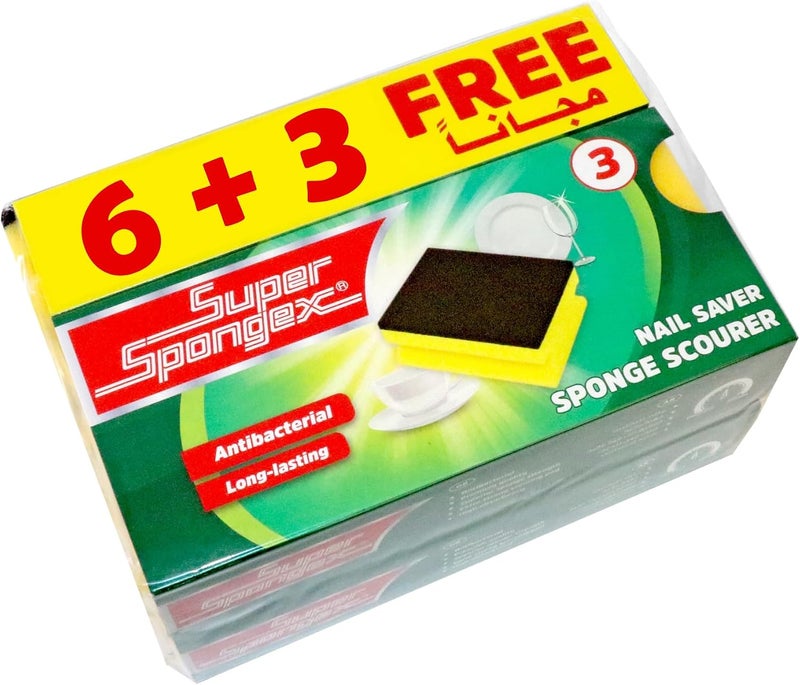 Dishwash Sponge 6+3 Free – 9 Pcs Value Pack, Heavy Duty Kitchen Cleaning Sponges with Scrub Pad, Antibacterial, Long-Lasting for Dishes, Pots & Pans