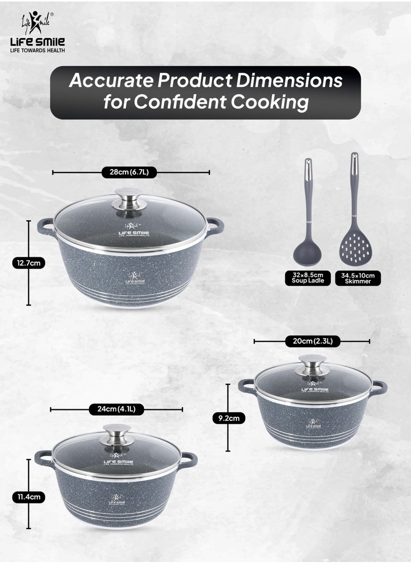 Life Smile Nonstick Cookware Set 8 pcs Cookwares with Stainless steel rim-Oven safe Pots and Pans set-Granite Coating Cooking Pots set Includes 20cmx2.3L Casserole with Lid ,24cmx4.1L Casserole with Lid, 28cmx6.7LCasserole with Lid, , & 2pcs Silicone Utensils Contains 32x8.5cm Soup ladle & 34.5x10cm Skimmer  - Image 3