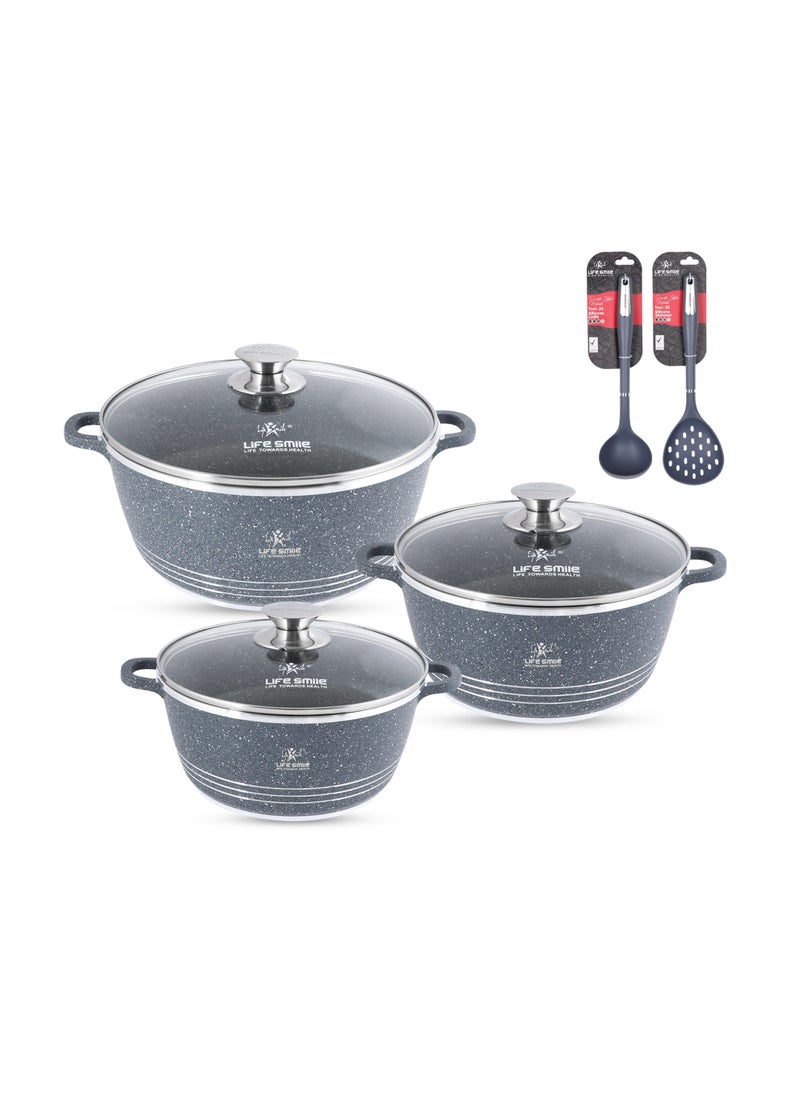 Life Smile Nonstick Cookware Set 8 pcs Cookwares with Stainless steel rim-Oven safe Pots and Pans set-Granite Coating Cooking Pots set Includes 20cmx2.3L Casserole with Lid ,24cmx4.1L Casserole with Lid, 28cmx6.7LCasserole with Lid, , & 2pcs Silicone Utensils Contains 32x8.5cm Soup ladle & 34.5x10cm Skimmer  - Image 1